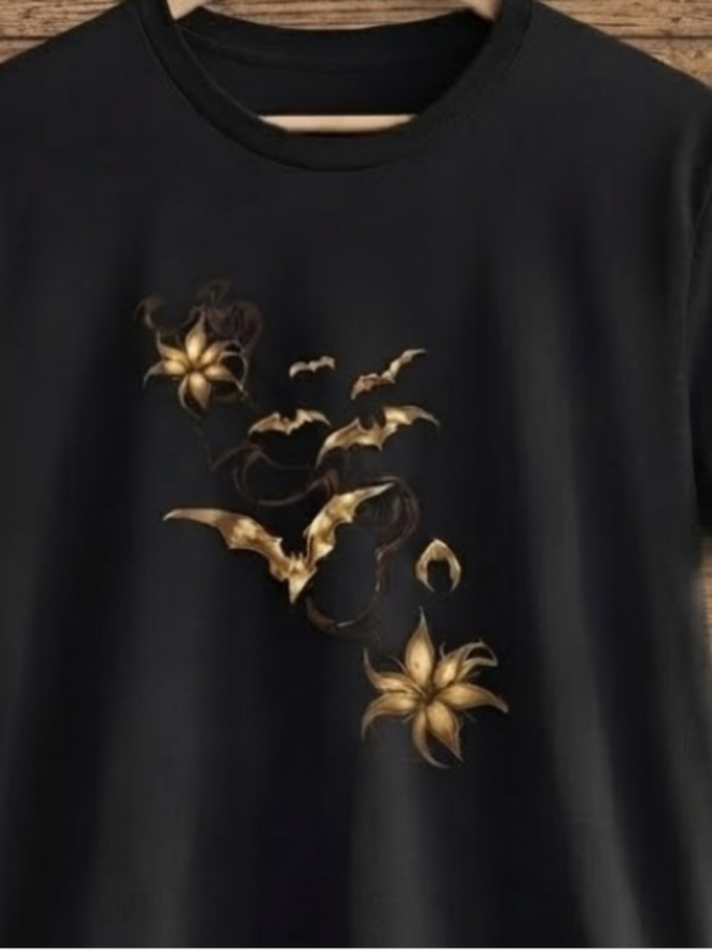 Men's Black T-Shirt with Gold Floral & Bat Graphic - Picture 2 of 2